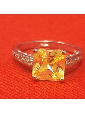 Sterling Silver 925 Channel Set Clear Square Cut Citrine Yellow Ring
